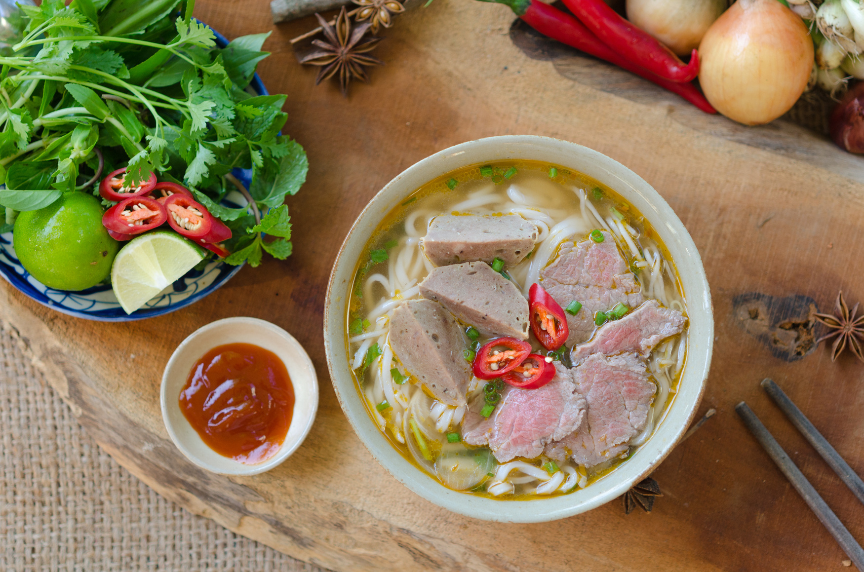 Vietnamese pho soup with beef, meatball, fresh vegetable